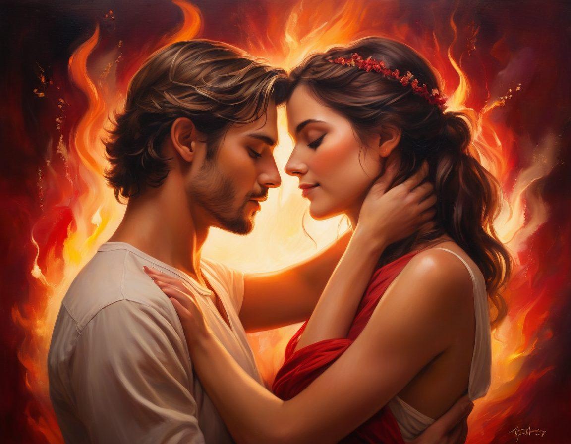 A passionate couple entwined in an intimate embrace, surrounded by flames and soft candlelight, symbolizing warmth and desire. The background features romantic hues of red and gold, while their expressions radiate love and connection. Include subtle elements like soft petals and swirling smoke to enhance the atmosphere. painting. vibrant colors. soft focus.