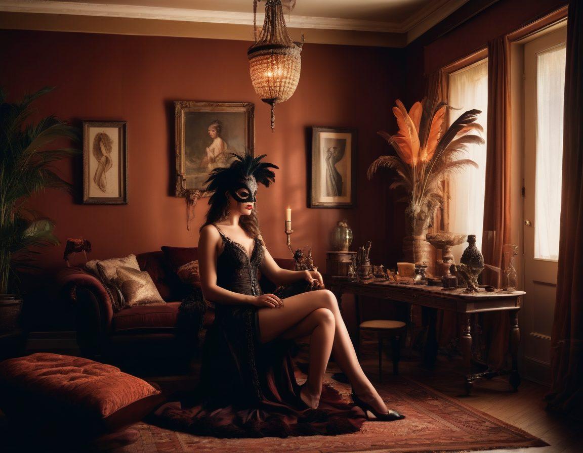 A couple exploring their intimacy in an elegant, softly lit room filled with playful props and accessories, showcasing various kinks and fetishes like ropes, masks, and feathers, while maintaining a sense of tenderness and connection. The atmosphere is inviting and consensual, reflecting the beauty of exploration and trust in eroticism. The background features artful shadows and rich textures, enhancing the warm vibe. vibrant colors. soft lighting. romantic ambiance.